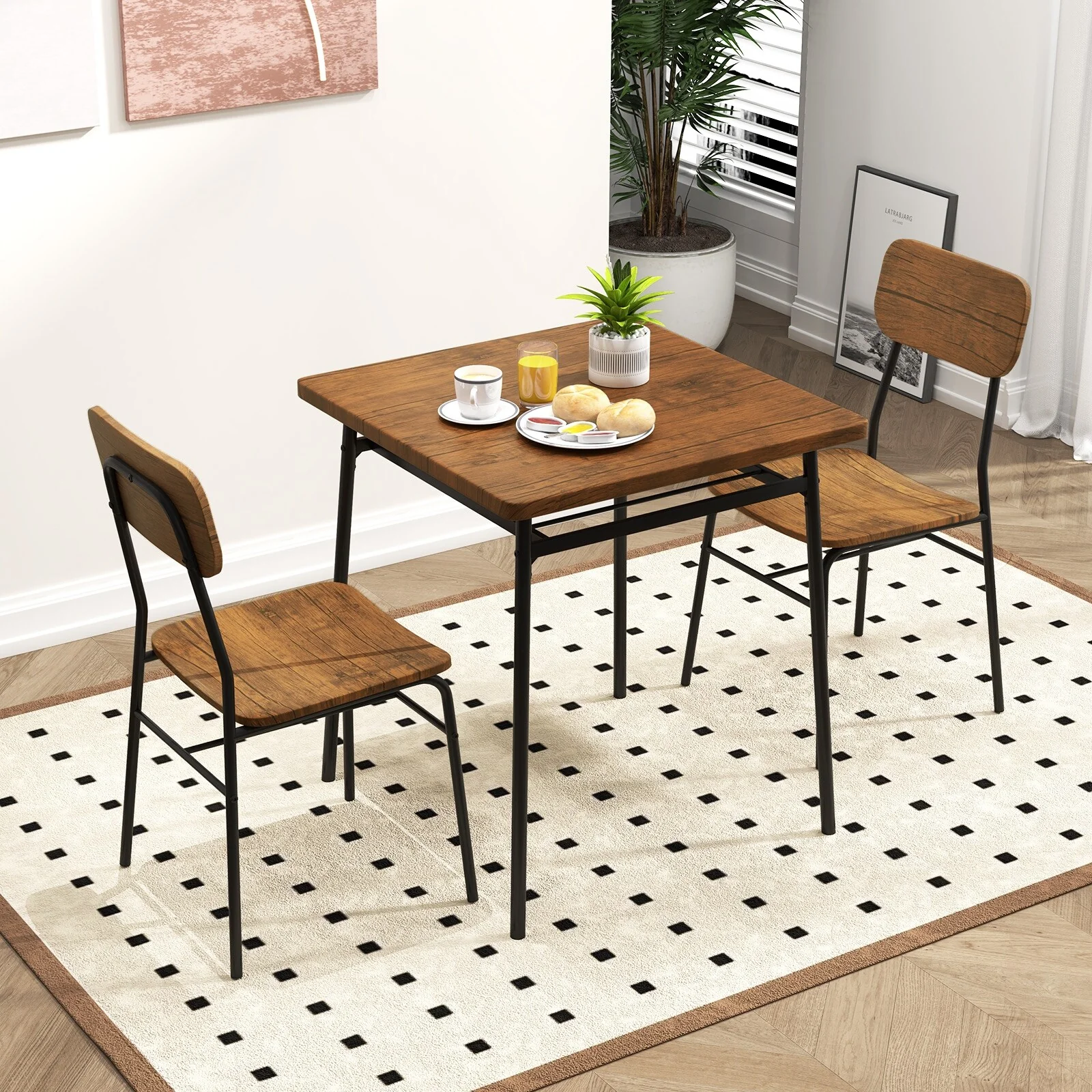 Gymax 3-Piece Wood Square Kitchen Table & Chair Set w/ Metal Frame