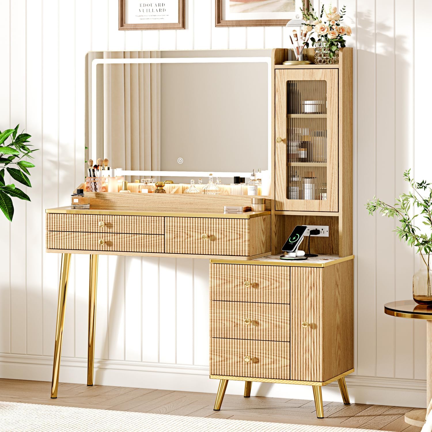 Vanity Desk with 35.12 HD Lighted Mirror, 46.85 Big Modern Vanity Desk with Mirror and Lights, Makeup Vanity with 7 Drawers and Storage Shelves and Charging Station, Oak