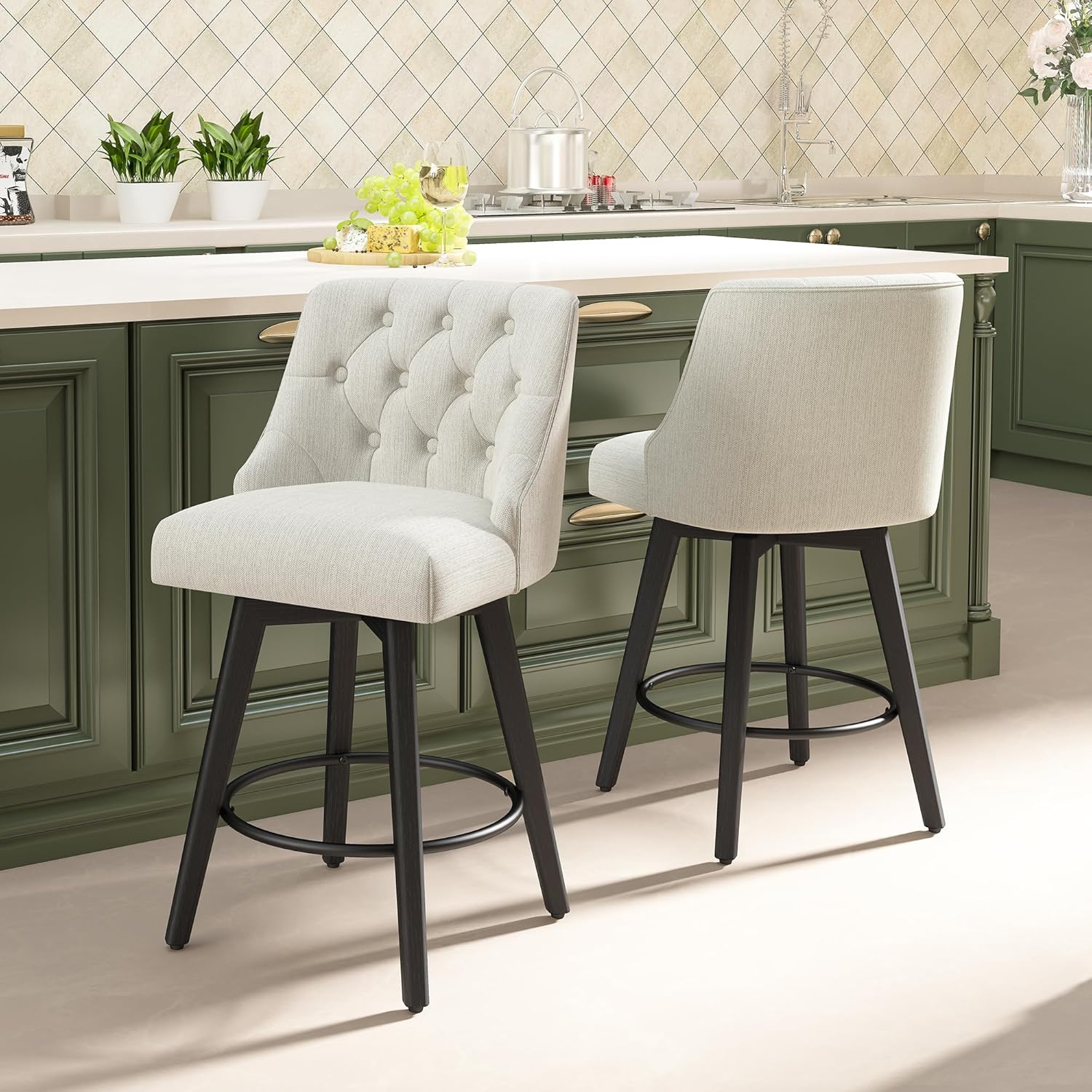 Counter Height Bar Stools Set of 2, Modern Swivel Barstools with Back and Wood Legs, Linen Fabric Upholstered Counter Height Stools, 26 H Kitchen Island Stools, Home Bar, Pub, Ivory