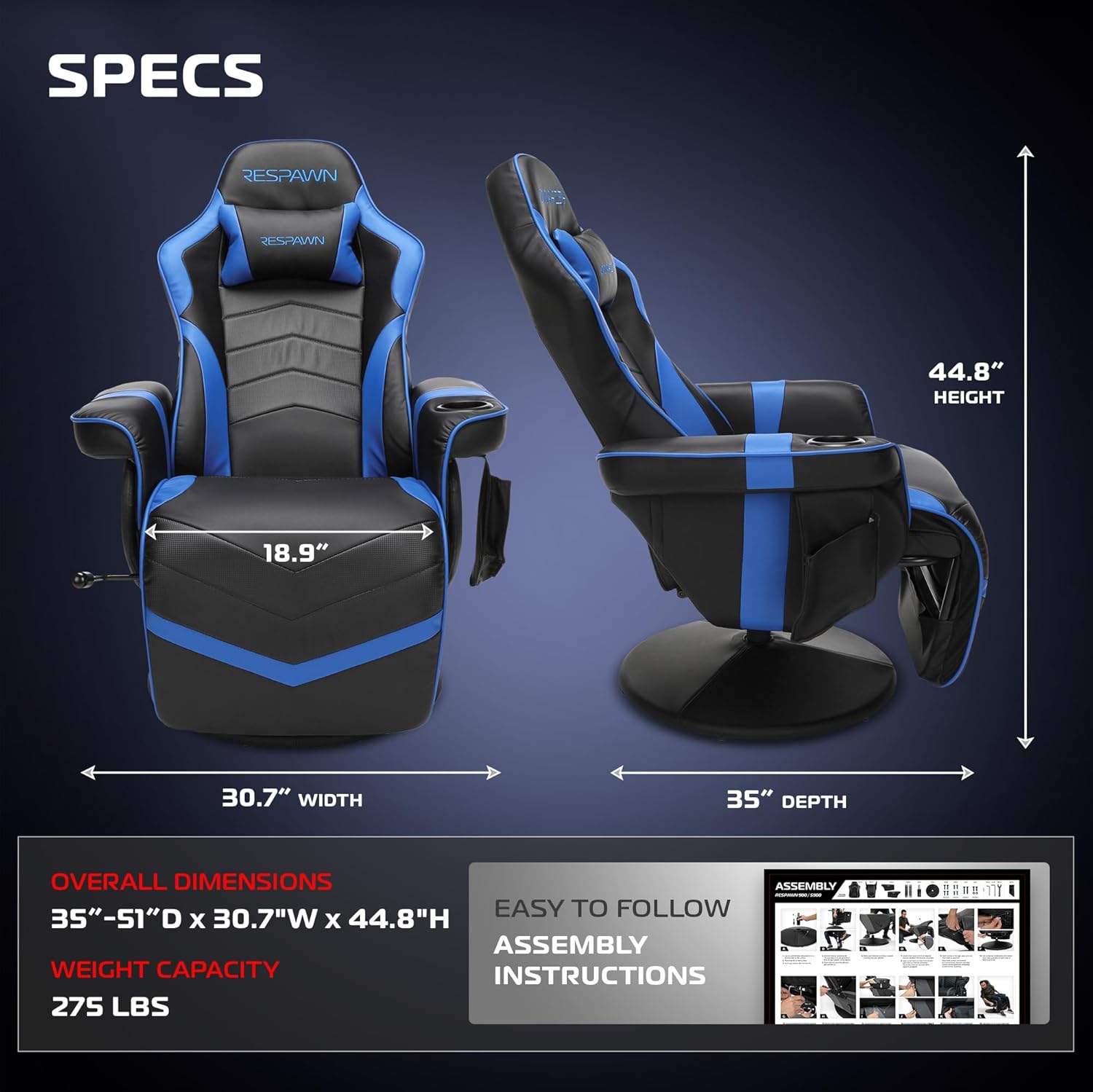 RESPAWN 900 Console Gaming Recliner with Footrest and Lumbar Support - Comfortable Ergonomic Gaming Chair with Headrest, No Wheels, Reclining, Heavy Duty, Racing Style Video Game Chairs - Blue