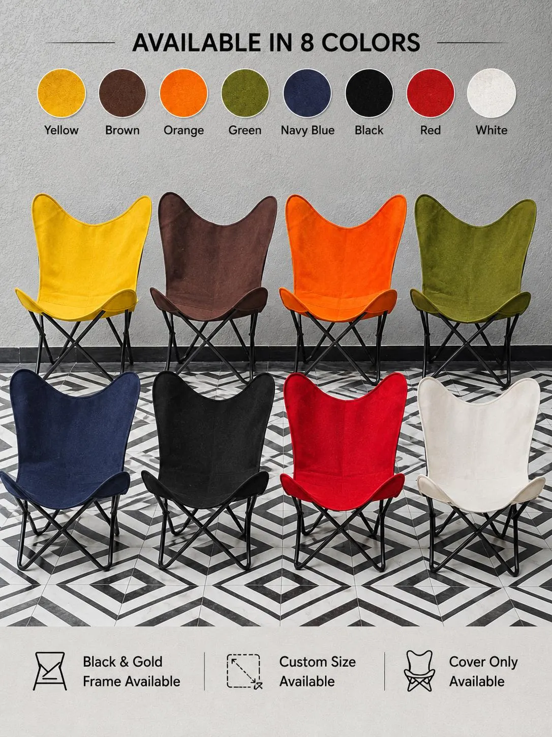 Canvas Butterfly Chair, Suede-Look Cover, Black or Gold Frame, 8 Colors