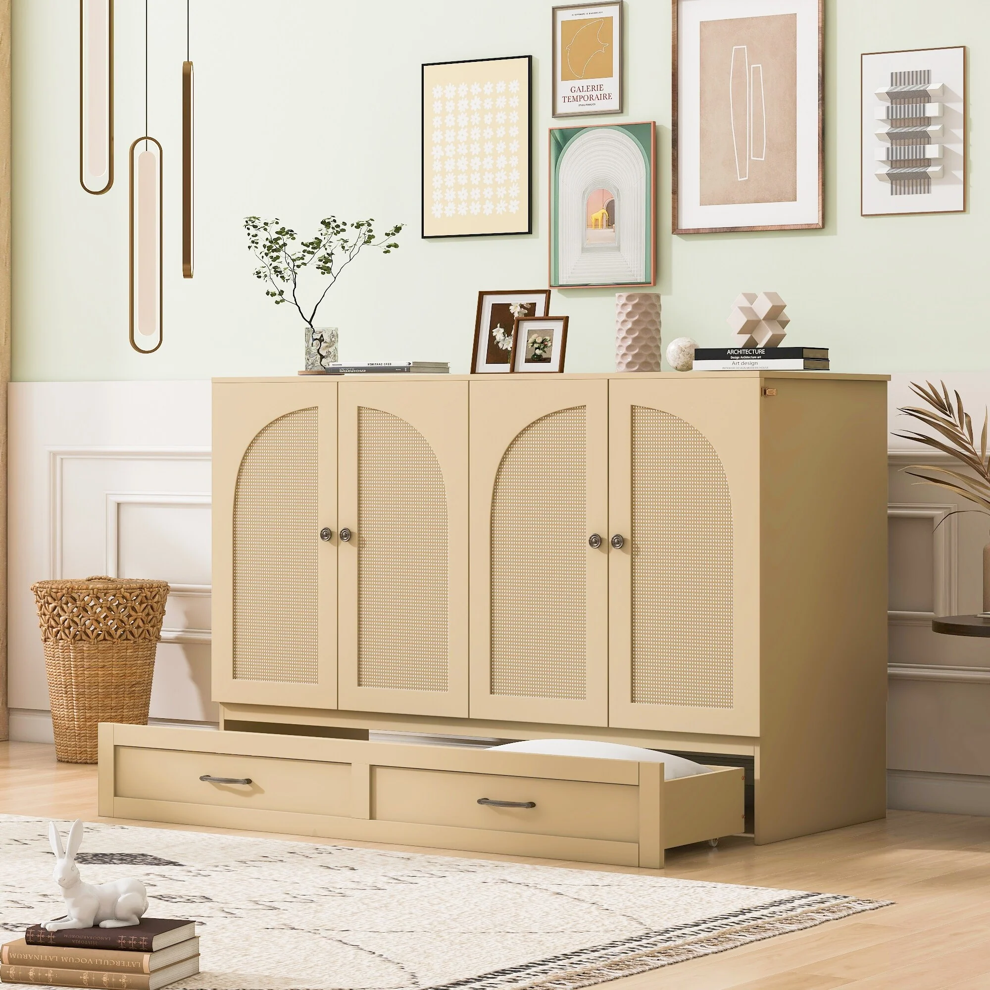 Full Size Murphy Bed with Large Drawers,75.1L x 56.7W x 41.3H, Gold