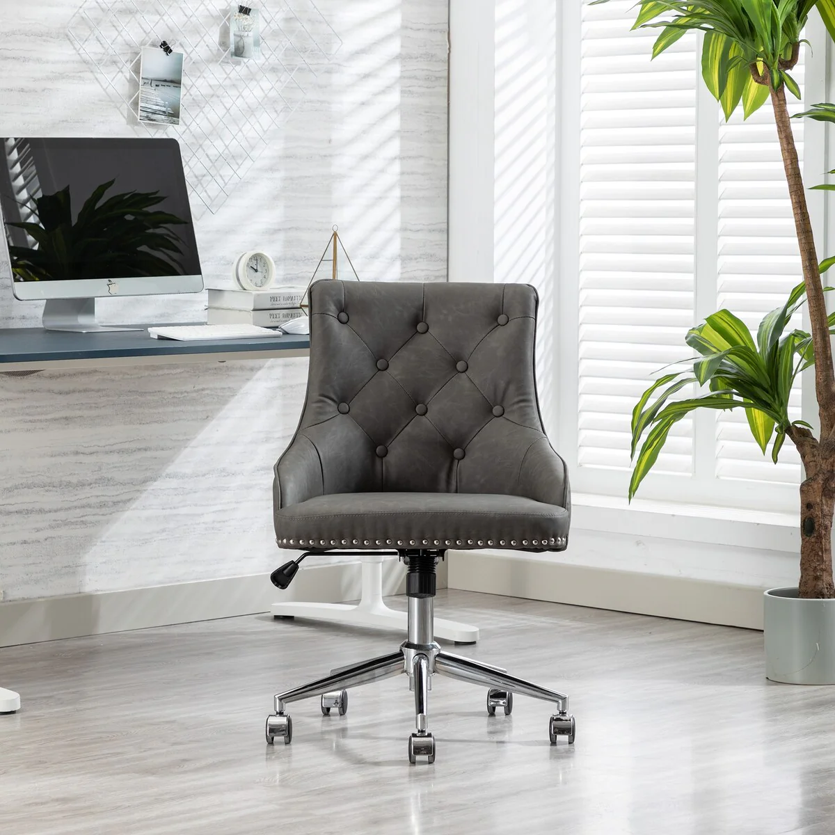 ModernTufted PU Leather Computer Chair Swivel Height Adjustable Accent Chair with Wheels and Metal Base
