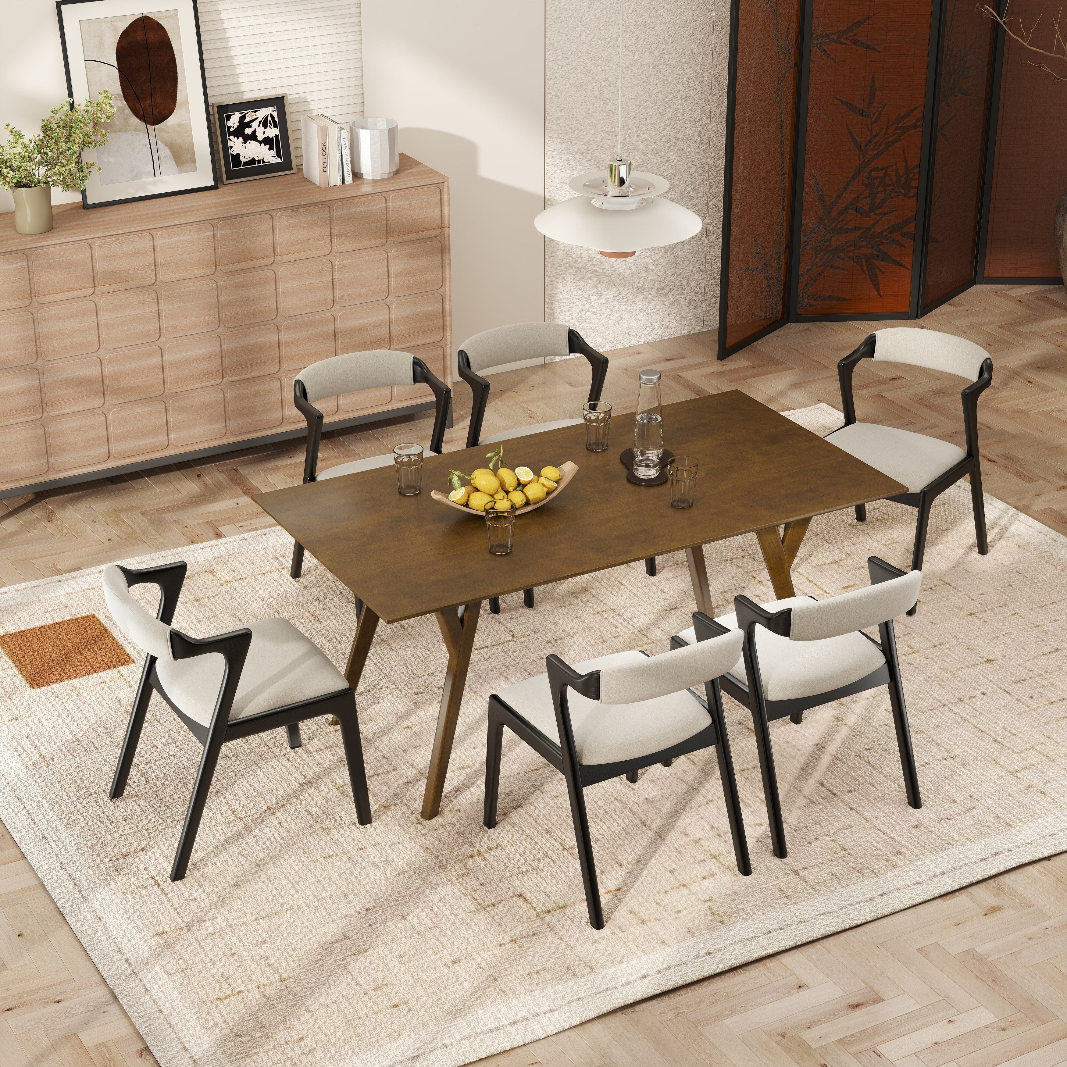 Roundhill Furniture Lavin Modern 7-Piece Dining Set, Walnut Finished Dining Table with 6 Chairs