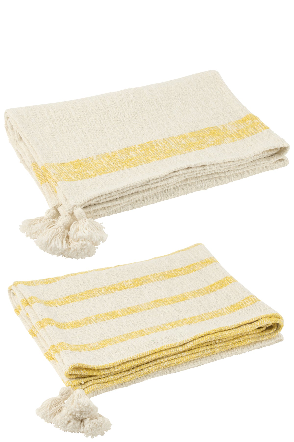J-Line plaid Strepen   Kwasten - katoen - wit/geel - 2 stuks