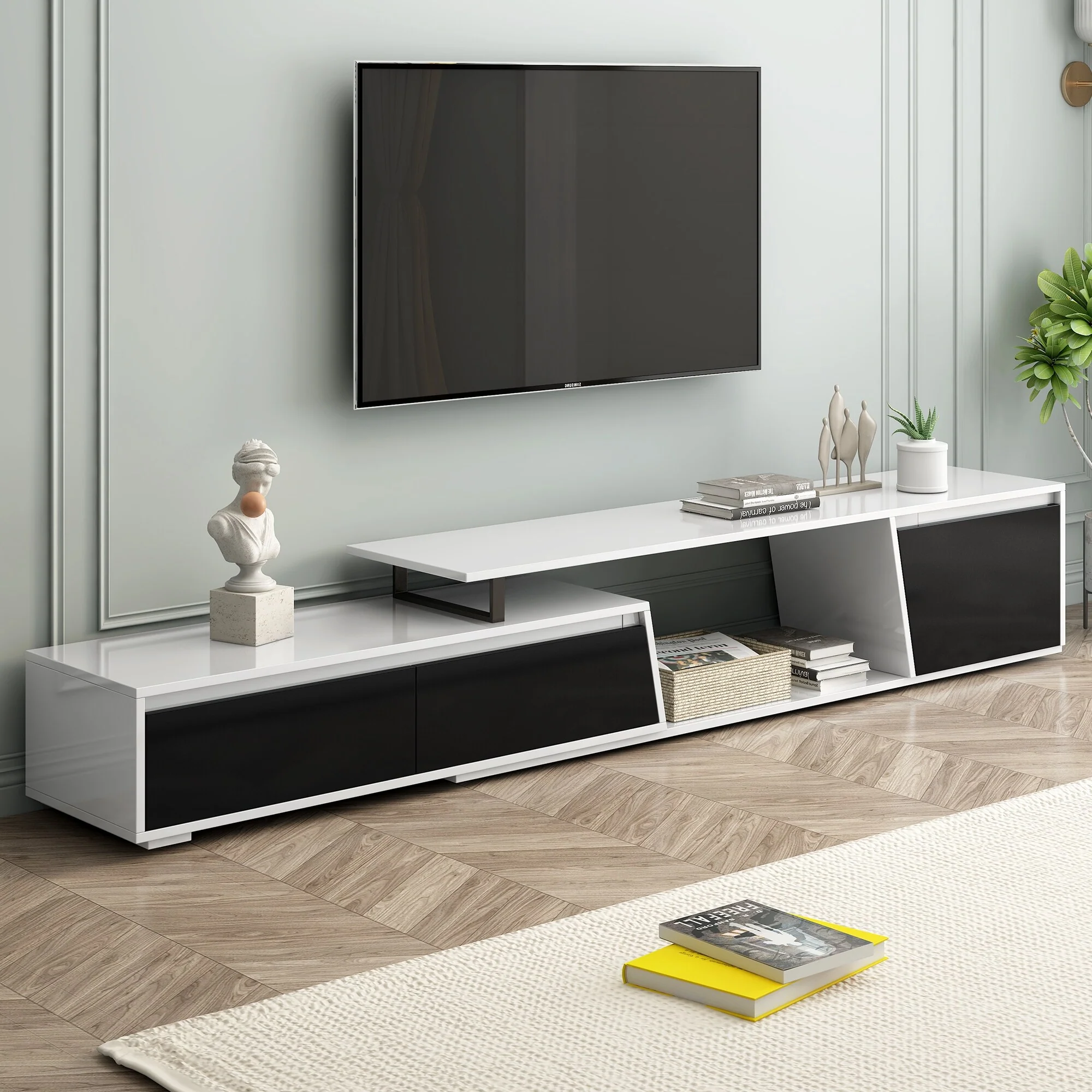 Minimalist Rectangle Extendable TV Stand, TV Cabinet with 2 Drawers and 1 Cabinet for Living Room, Up to 100