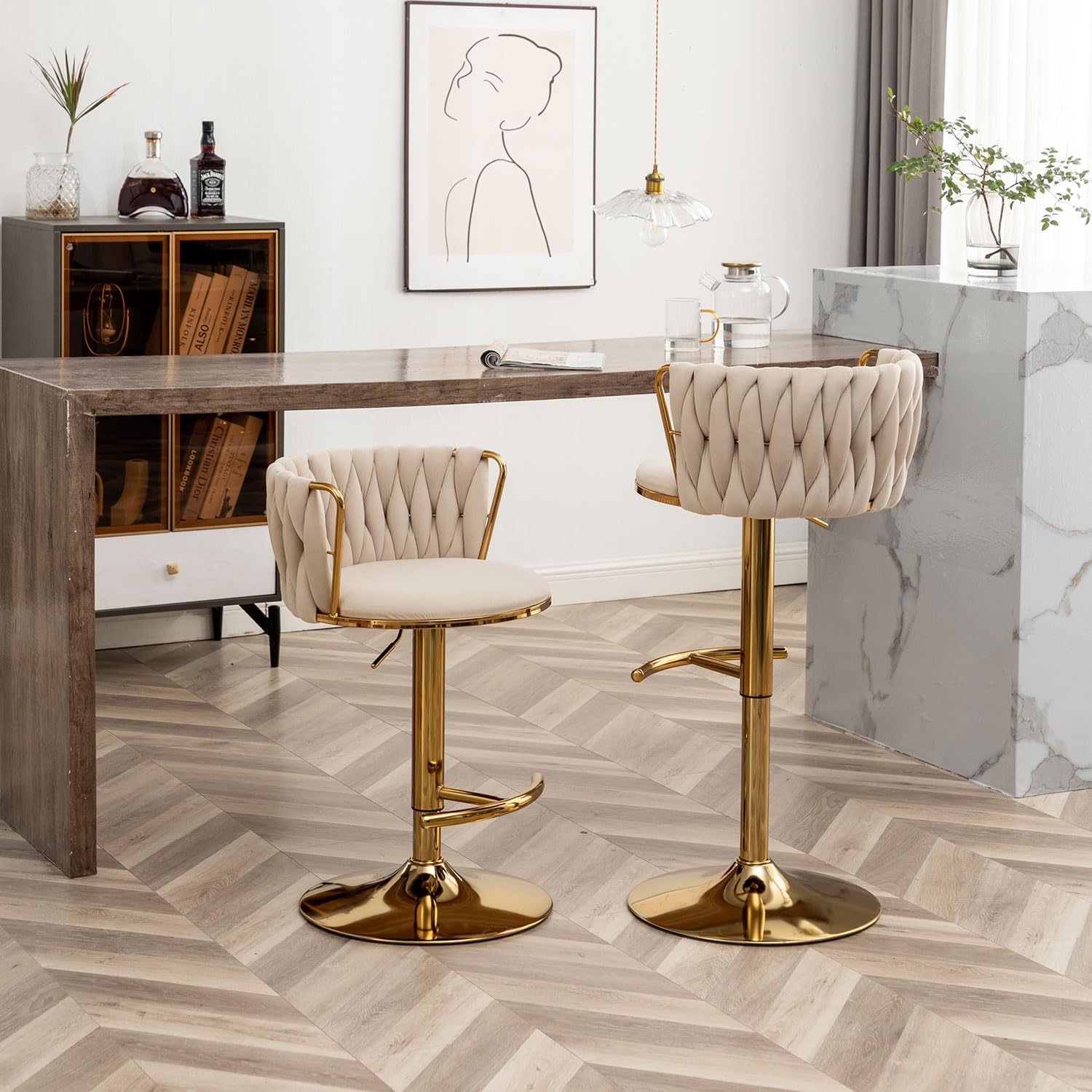Velvet Bar Stools Set of 3, Counter Height Bar Chairs with Low Back, Gold Swivel Bar Stools for Kitchen Island, Pub (Beige)