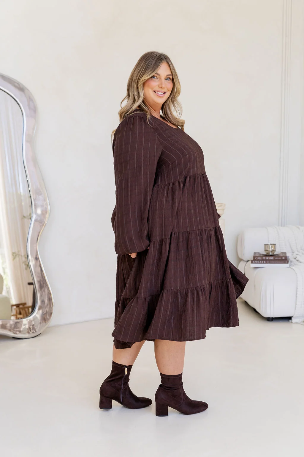 Long Sleeve Greta Midi Dress in Chocolate