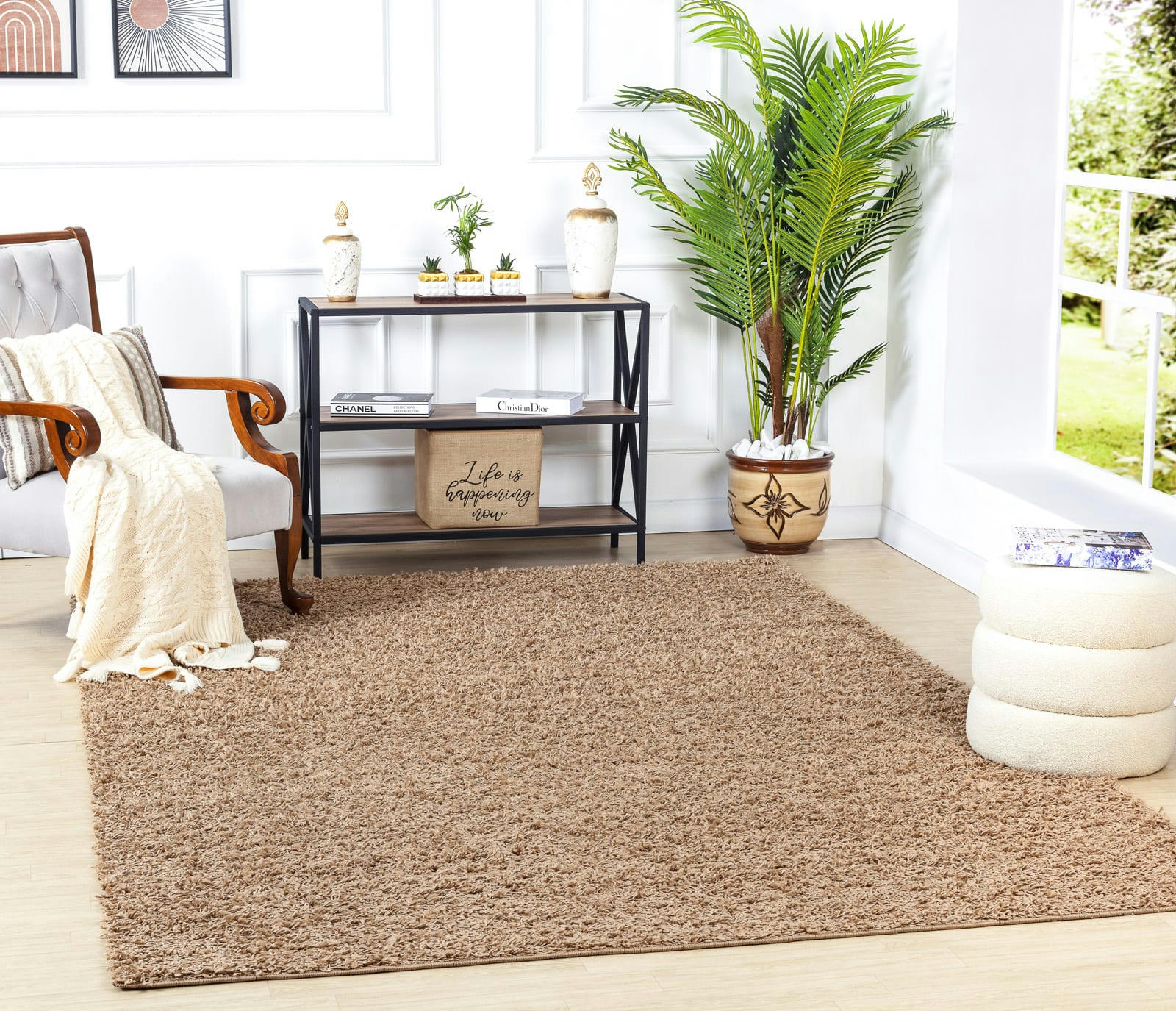 LILLY - Tapis Shaggy Uni Chic Beige Foncé 200x290