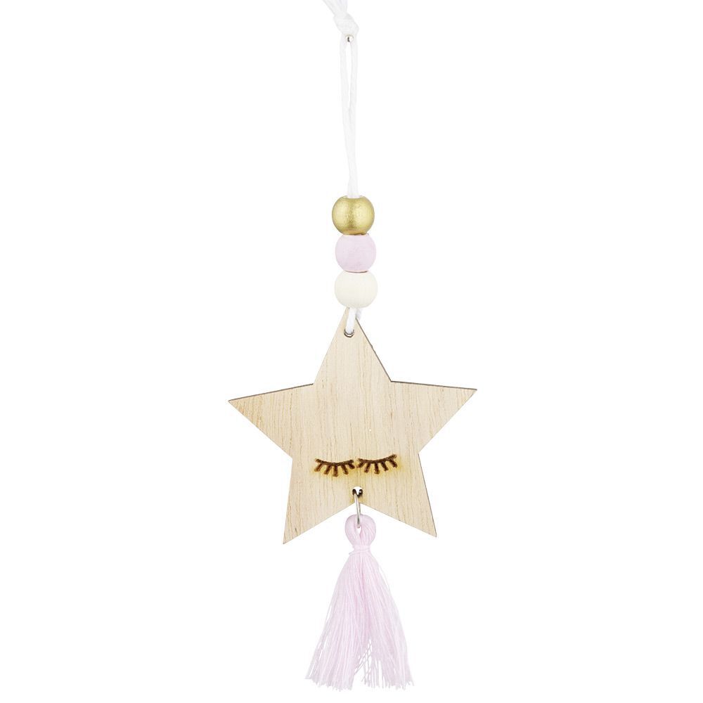 Suspension étoile de No&euml;l en bois avec pompon et perles H10,5cm