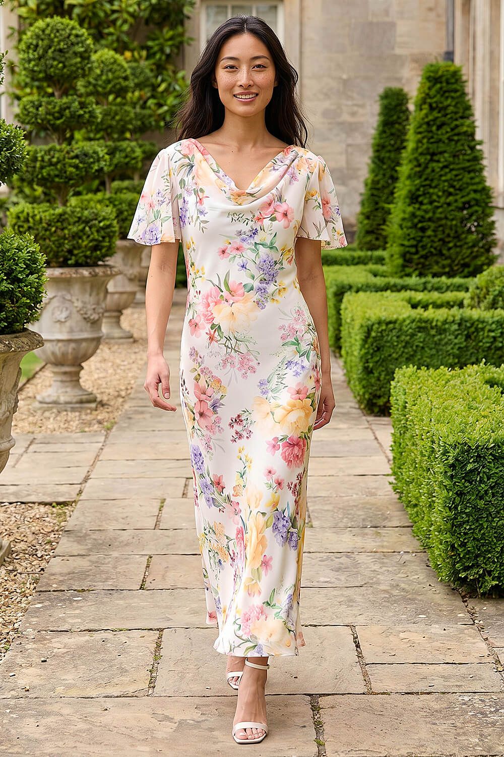 Roman Petite Floral Cowl Neck Midi Dress