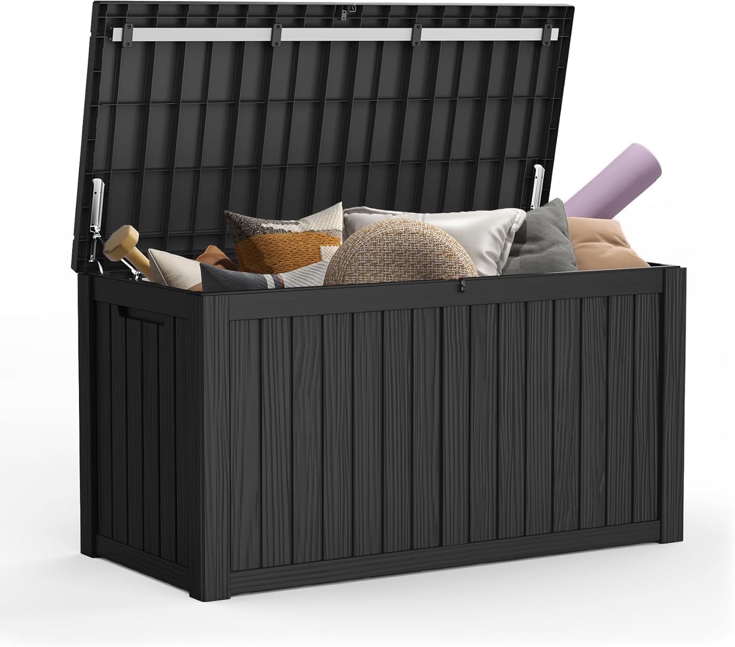 Mars Villa 150 Gallon Outdoor Storage Box, Large Resin Deck Box, Waterproof Storage Bin with Lockable Lid, Ideal for, Outdoor, Patio Furniture Cushions, Pool Supplies, Garden Tools, Black