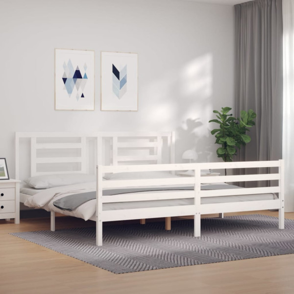 Rama łóżka z wezgłowiem biała 200x200 cm lite drewno