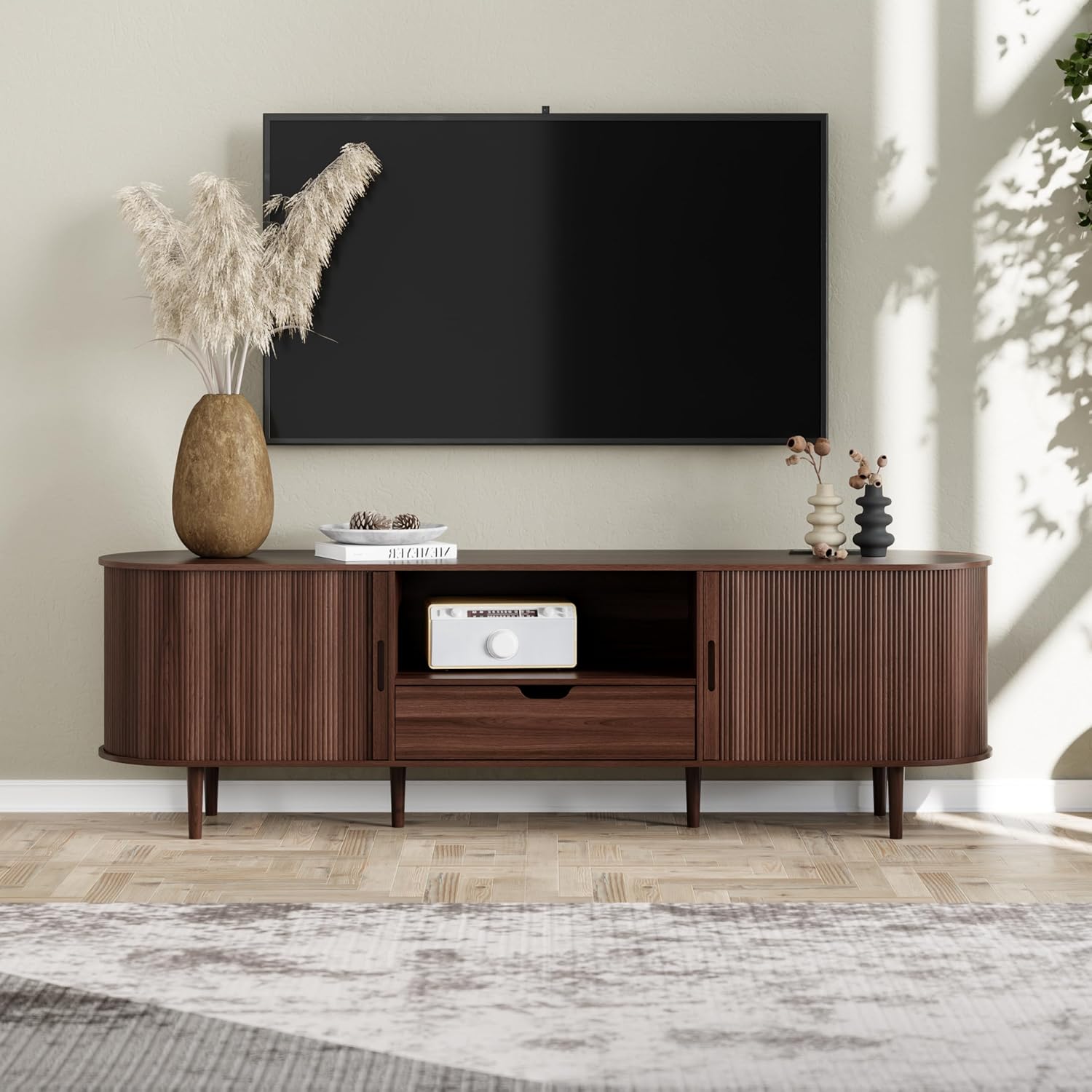 DHH 71 Fluted TV Stand with Power Outlet for TVs up to 80, TV Console with Adjustable Shelves and Sliding Door,Mid Century Modern Entertainment Center for Living Room,Bedroom (Walnut, 71Inch)