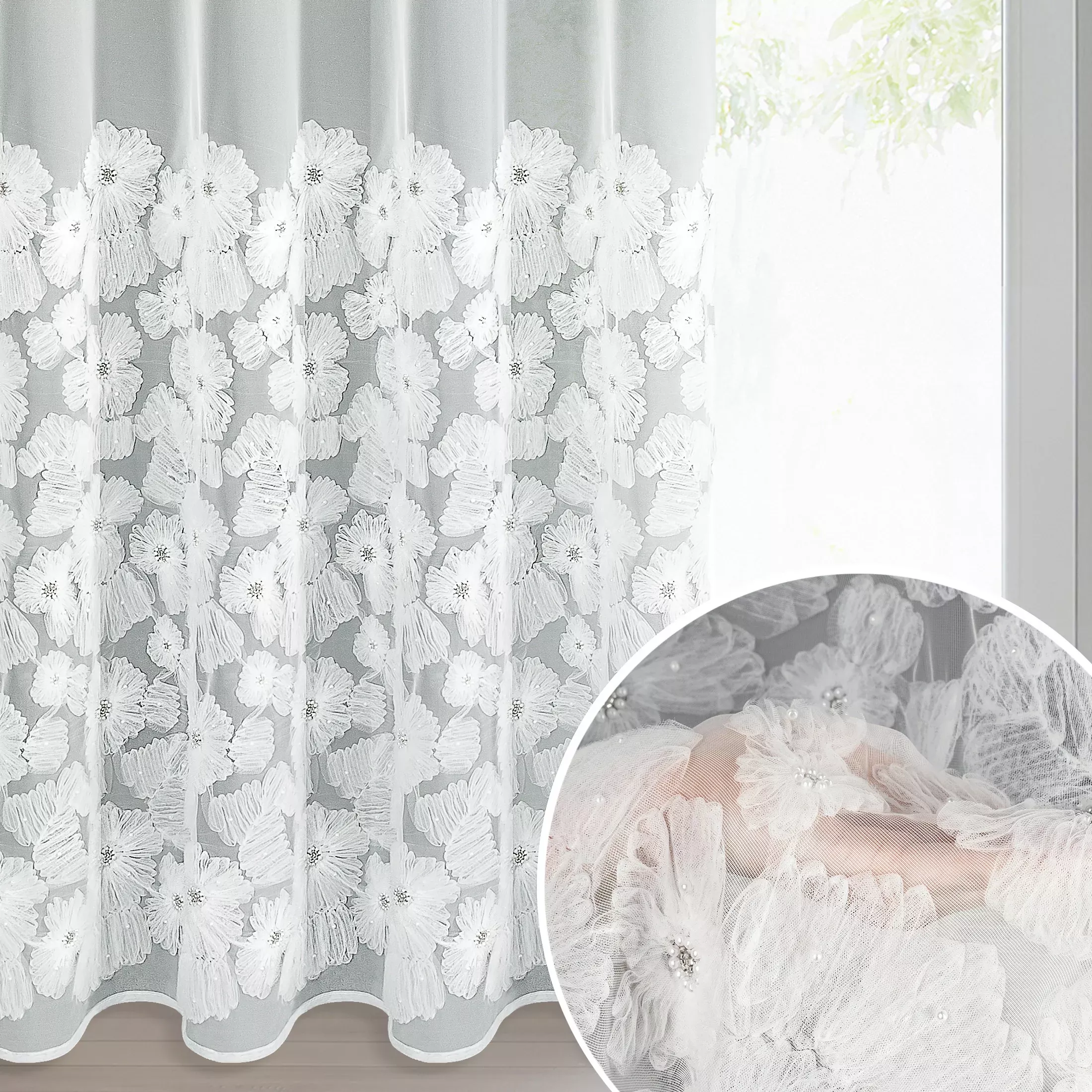 Firana biała z siateczki zdobiona kwiatami z dodatkiem drobnych perełek 3D 140x250 cm przelotka - JASMIN 2 Eva Minge