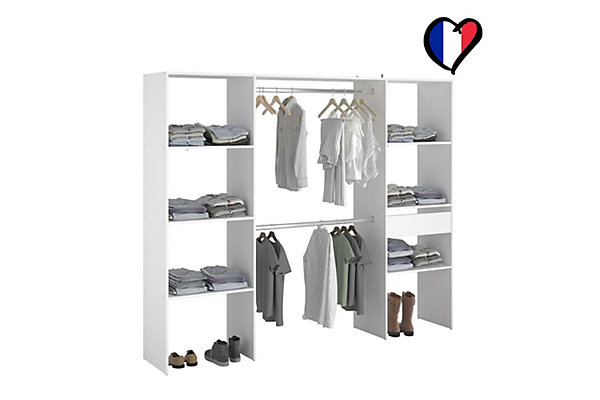 Dressing blanc 6 étagères, 1 tiroir, 2 penderies 220 x 40 x 180 cm - ELYSEE