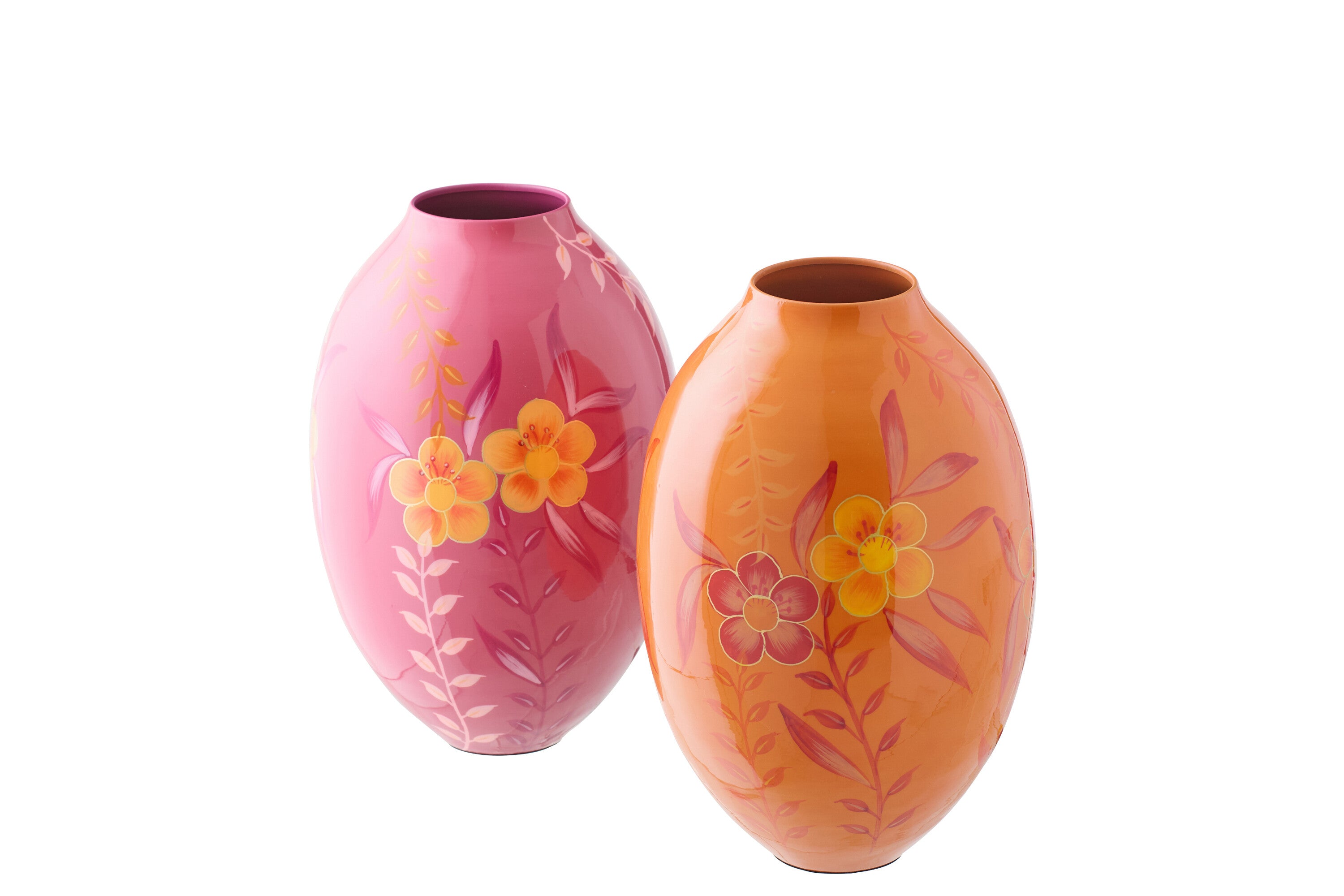 J-Line vaas Bloemen - metaal - roze/oranje - large - set van 2