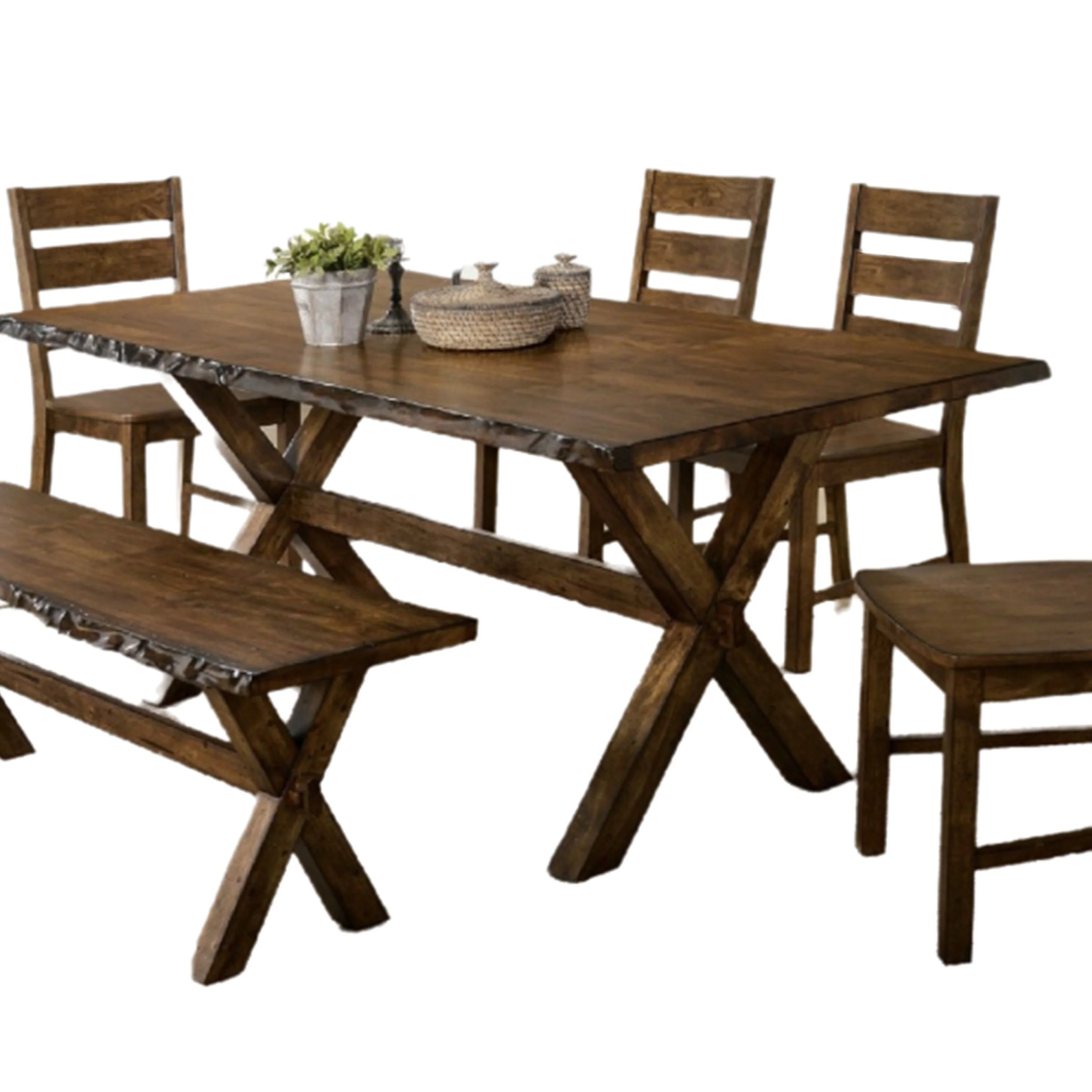 Aliza 6pc Dining Table Set, Bench and 4 Gray Chairs, Walnut Brown Wood