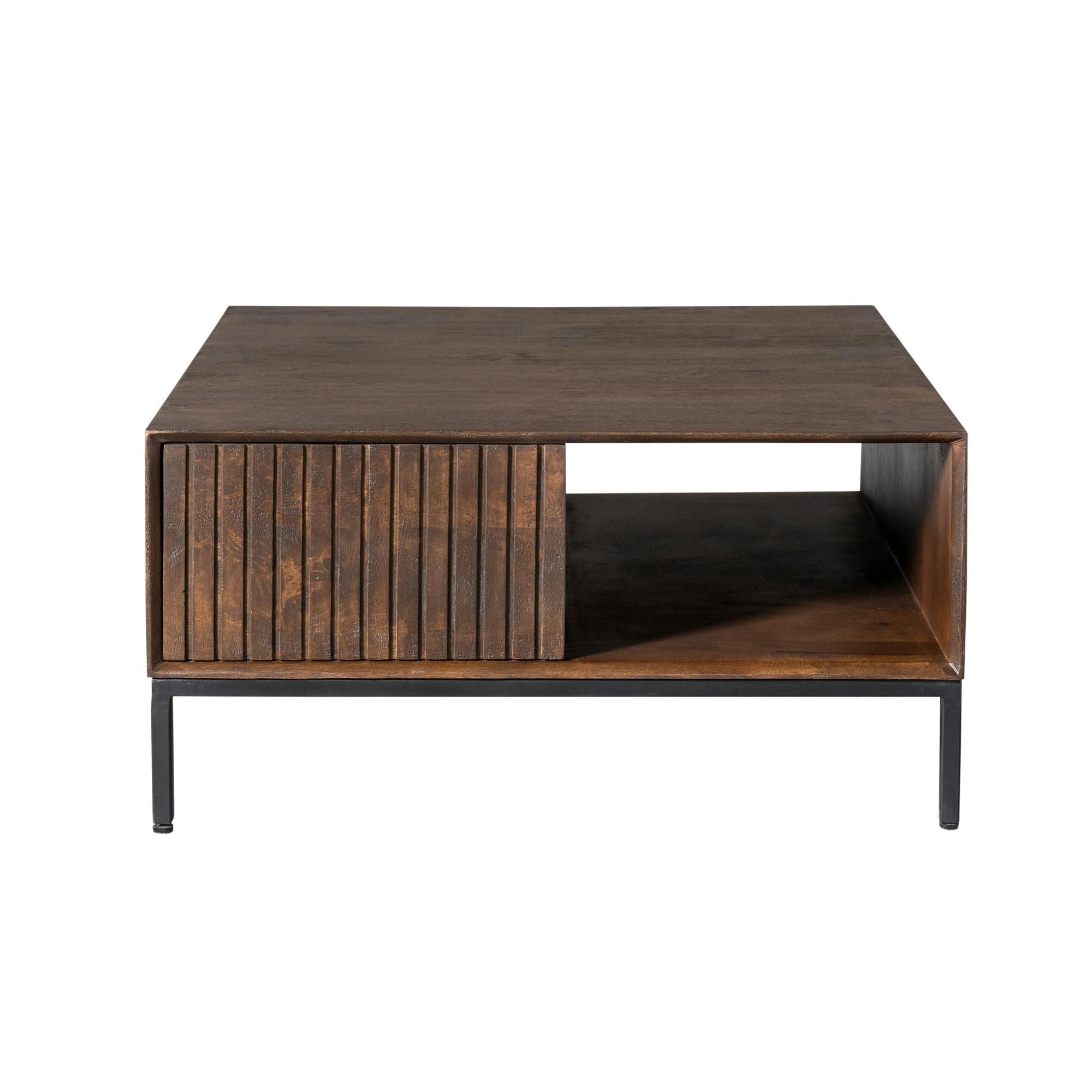 Table basse carrée vintage 2 tiroirs rainurés CORTINA