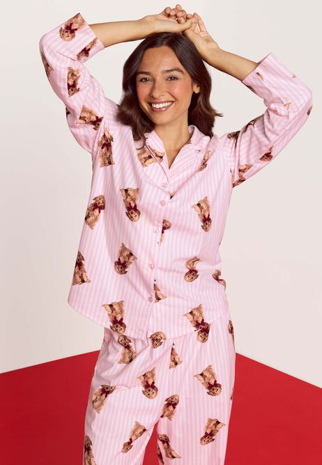 Womens Pink Stripe Dog Print Family Pyjama Set