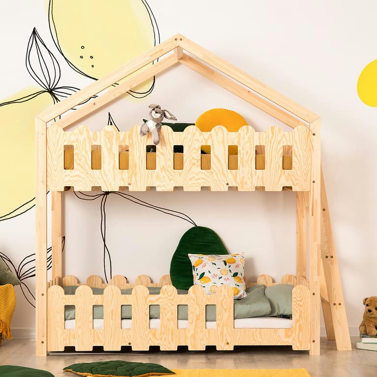 CHLOÉ - Lit cabane superposé 90x200 échelle à droite sommier inclus naturel