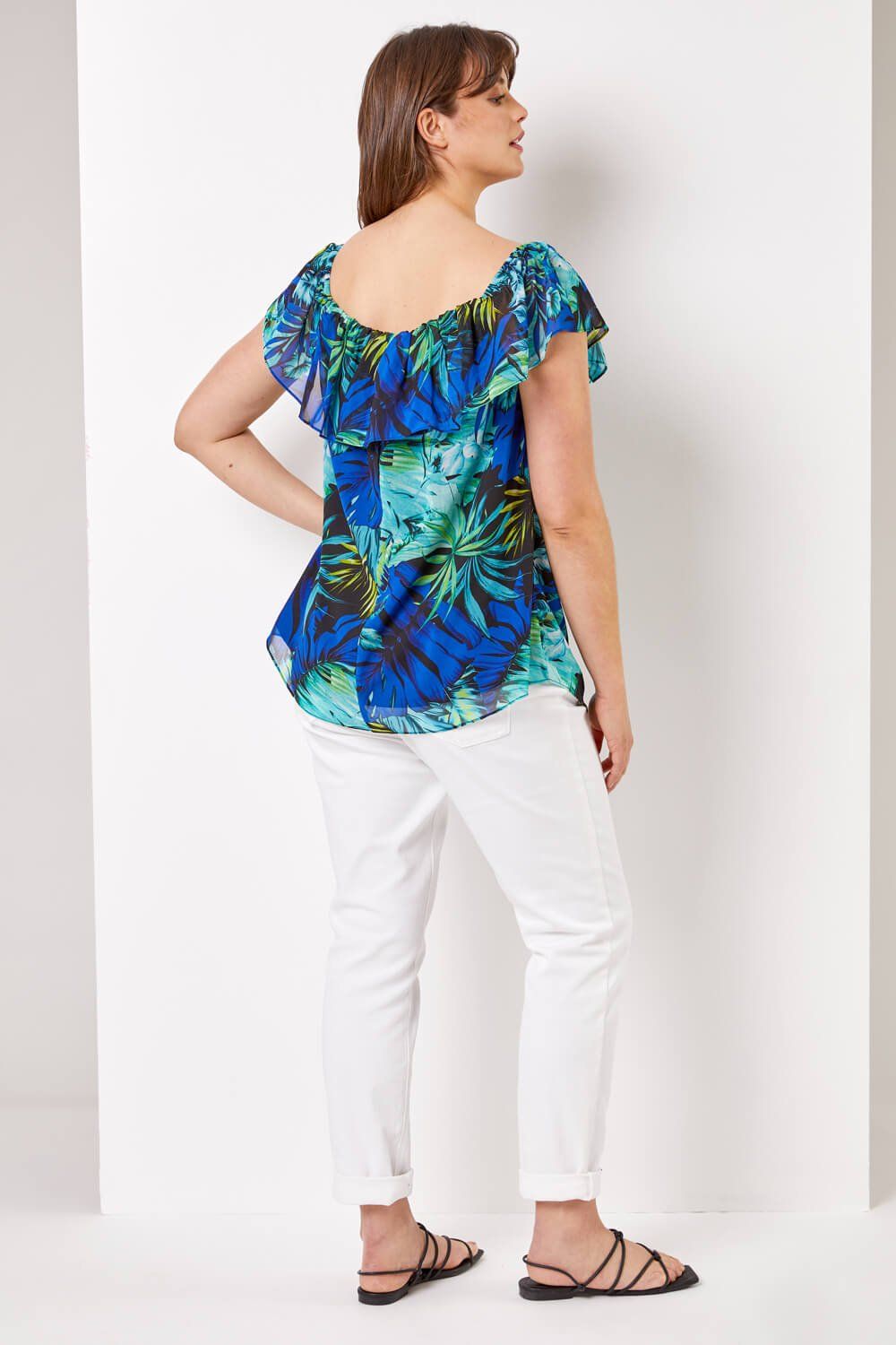 Roman Curve Tropical Print Chiffon Bardot Top