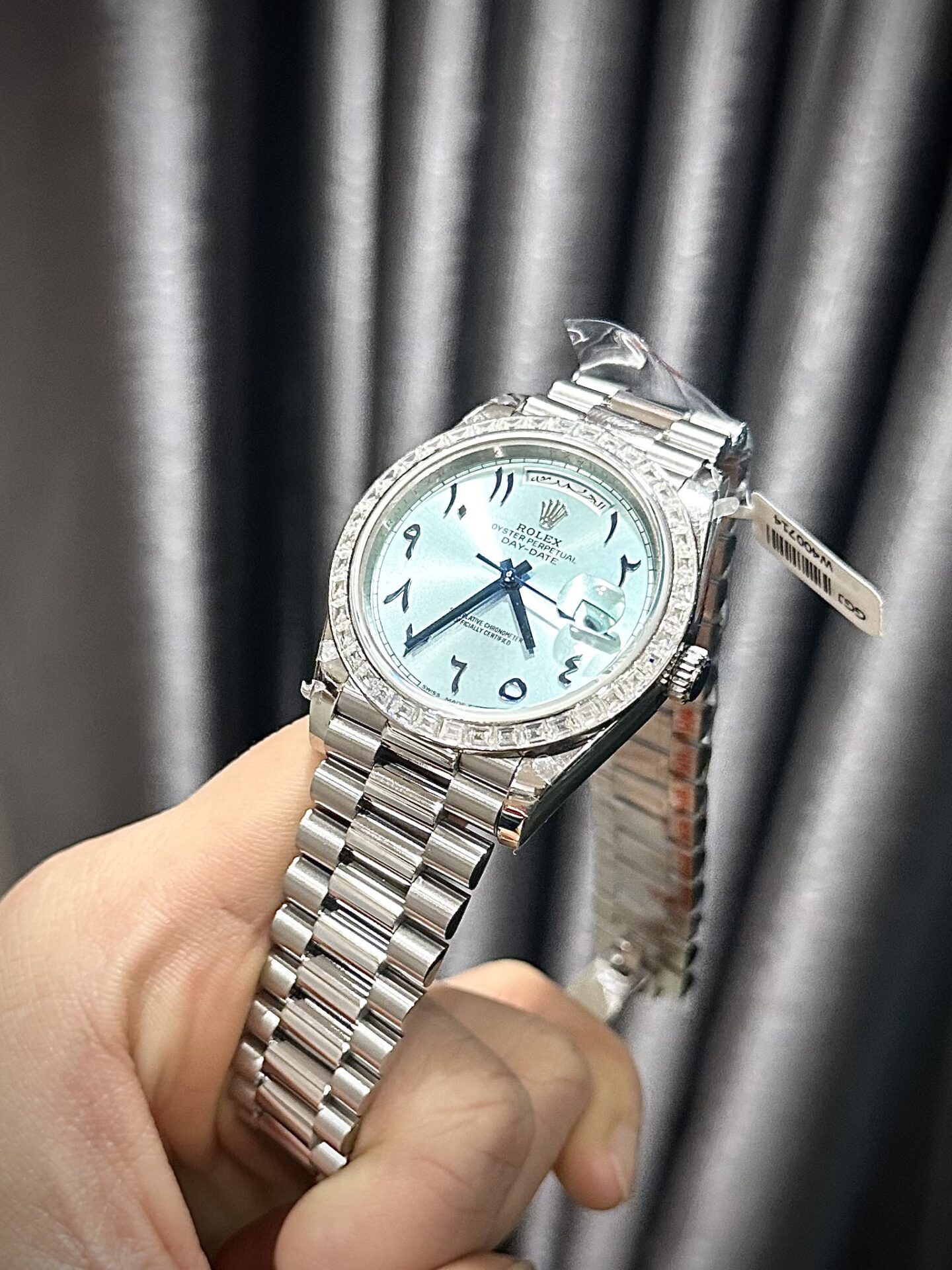 Rolex Day-Date 904L Steel Ice Blue Arabic Dial CZ Diamonds 40mm Super Clone