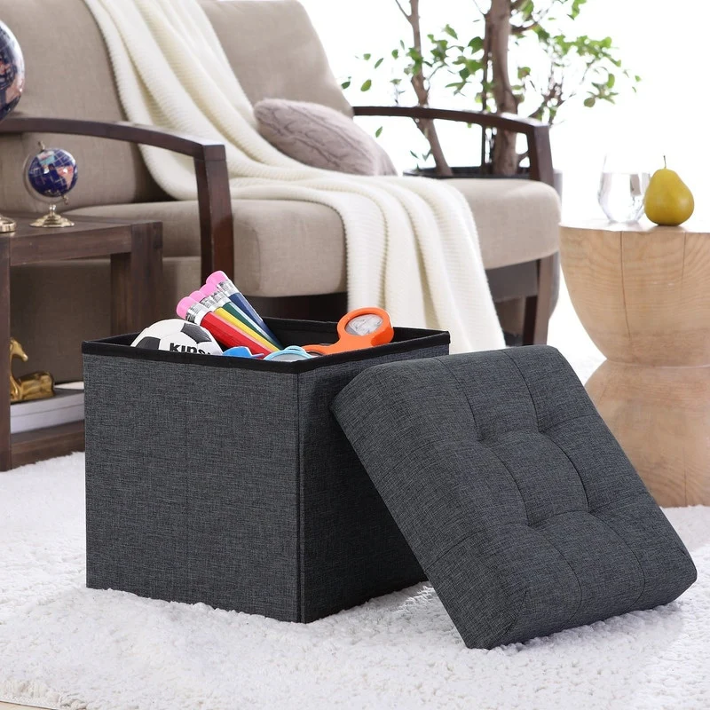 Foldable Tufted Linen Storage Ottoman