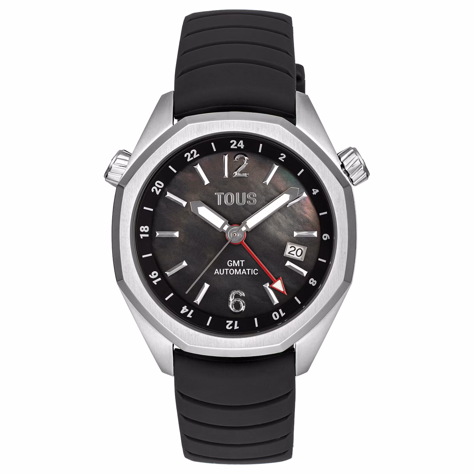 Reloj gmt automático con correa de silicona negra, caja de acero y esfera de nácar TOUS Now