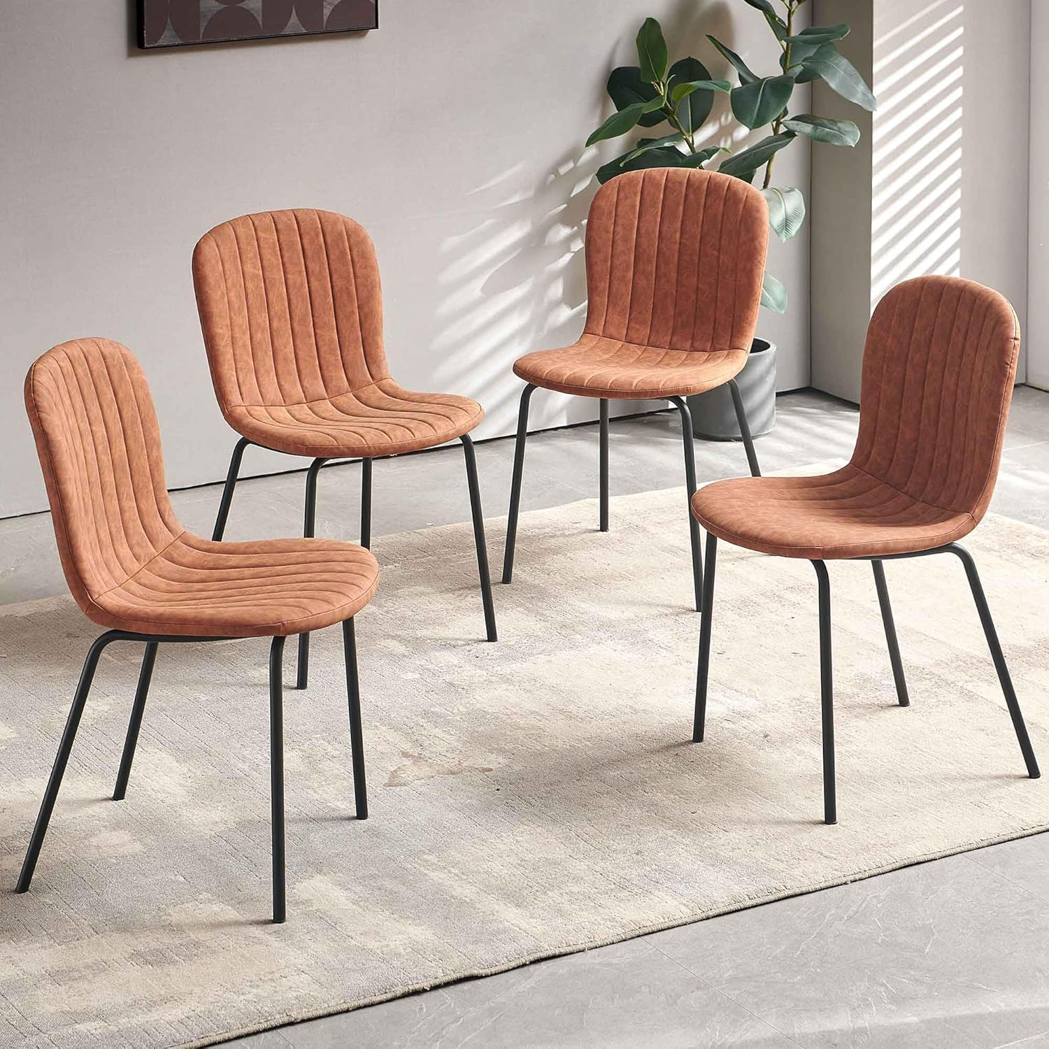 Brown Dining Chairs Set of 4 PU Leather Dining Room Chairs with Black Metal Legs, Mid Century Modern Dining Chairs for Kitchen & Dining Room