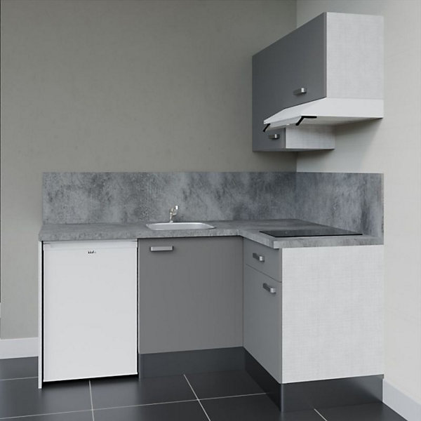 Kitchenette KA02 façades Gris - Plan de travail Gris béton - Crédences : Oui - Evier inox - Electroménager Blanc inclus