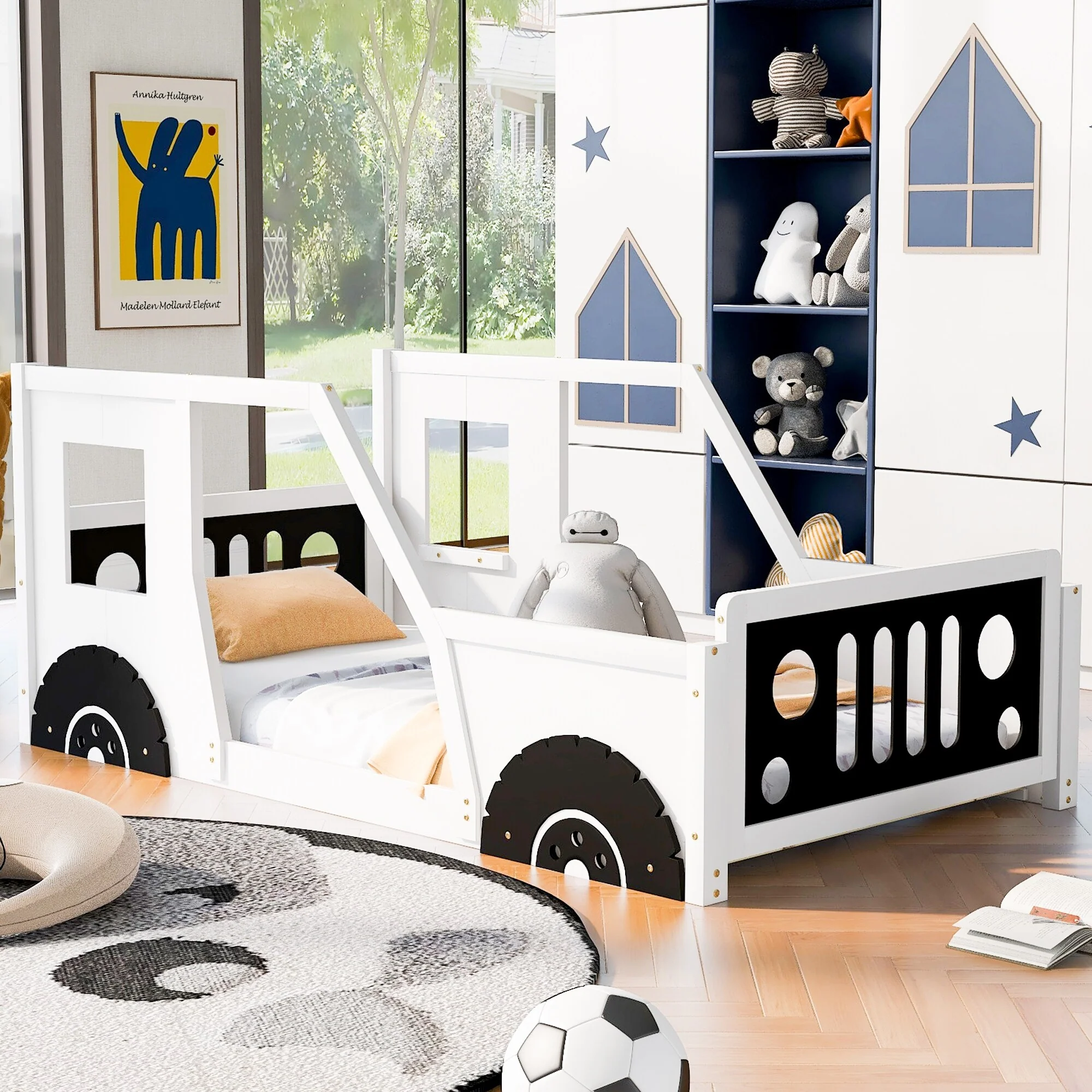 Classic Twin Car Bed for Kids with Fun Wheels Design, Durable Pine Wood Frame