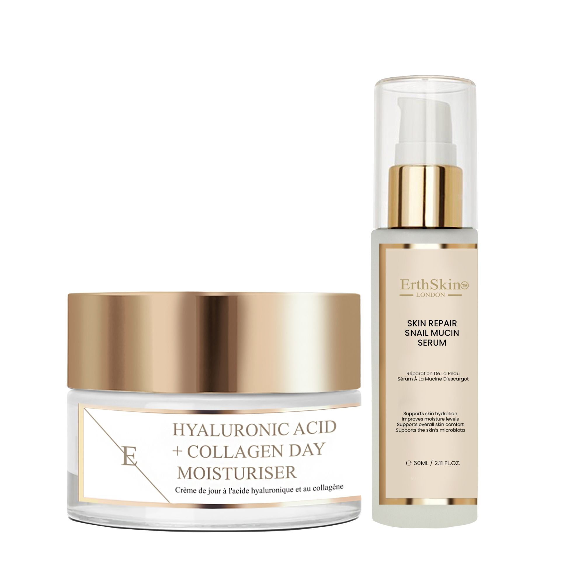 Erth Skin London Snail Mucin Serum 60ml   Hyaluronic Collagen Day Cream 50m