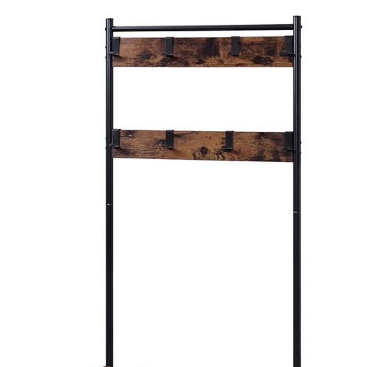 Wooden Hall Tree with 9 Hooks and 2 Metal Shelves, Brown and Black