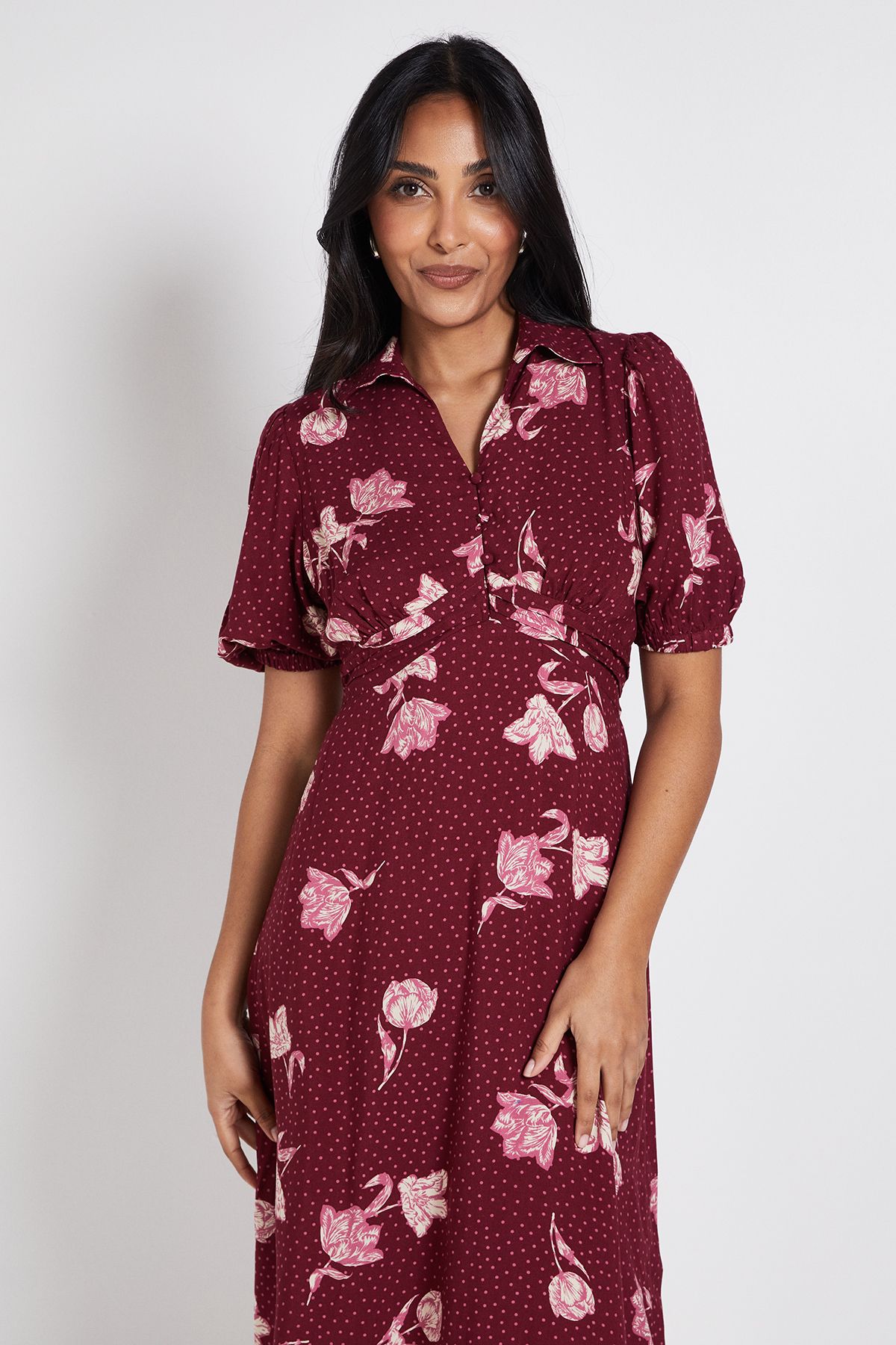 Dorothy Perkins Petite Berry Floral Collared Button Detail Puff Sleeve Midi Dress