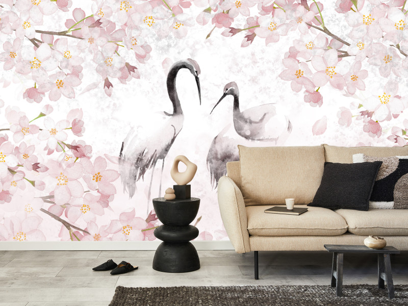 Fototapeta Żurawie w otoczeniu kwiatów wiśni 100x70cm