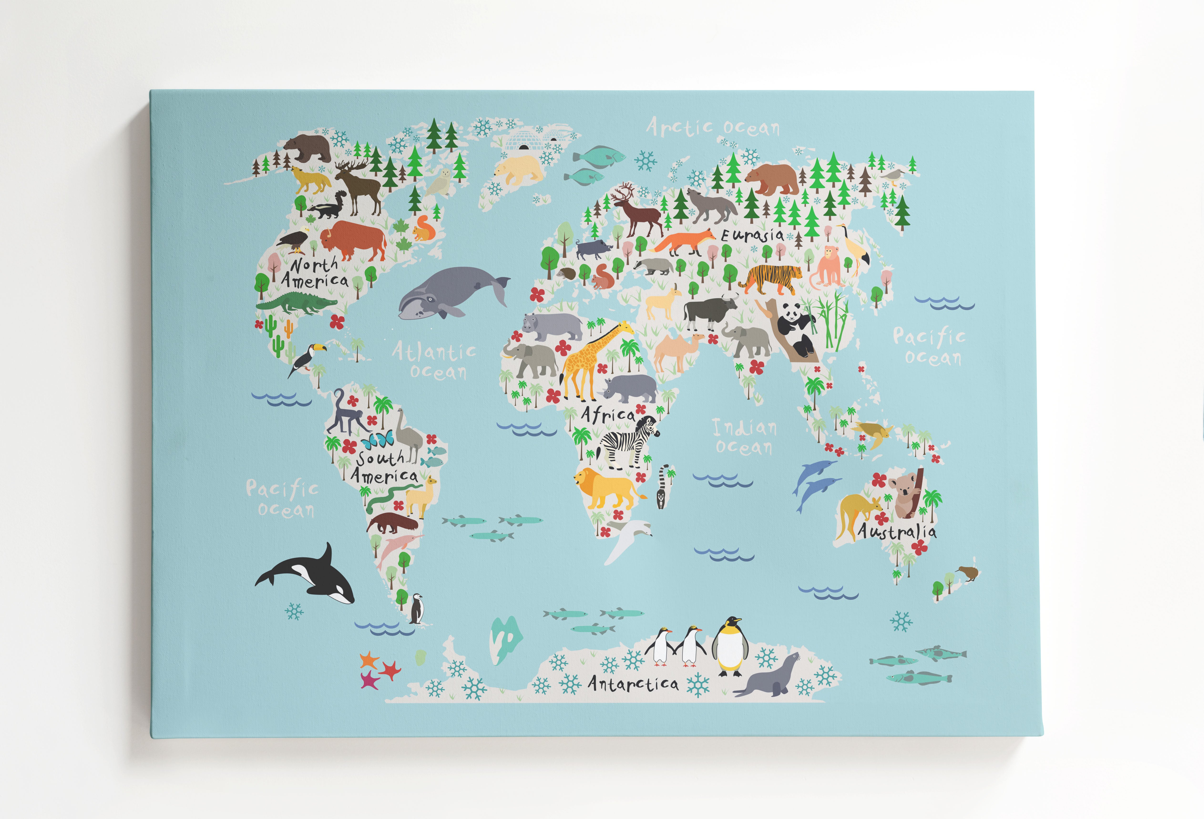 Canvas 60x40 Afdruk Wereldkaart Dieren