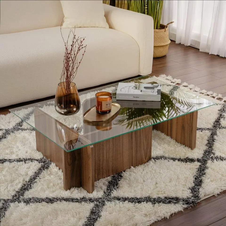 Salontafel Glas/Walnoot - 105x65x30cm - Flavio