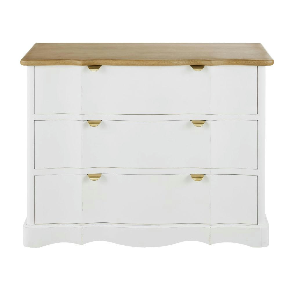 Sanary - Commode 3 tiroirs en bois de manguier massif blanc et beige