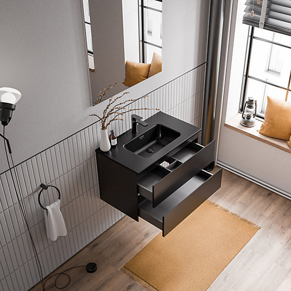 Meuble vasque suspendu MDF Noir mat, lavabos Noir mat   trou robinet trop plein &Bonde - 80x46x50cm - AVA