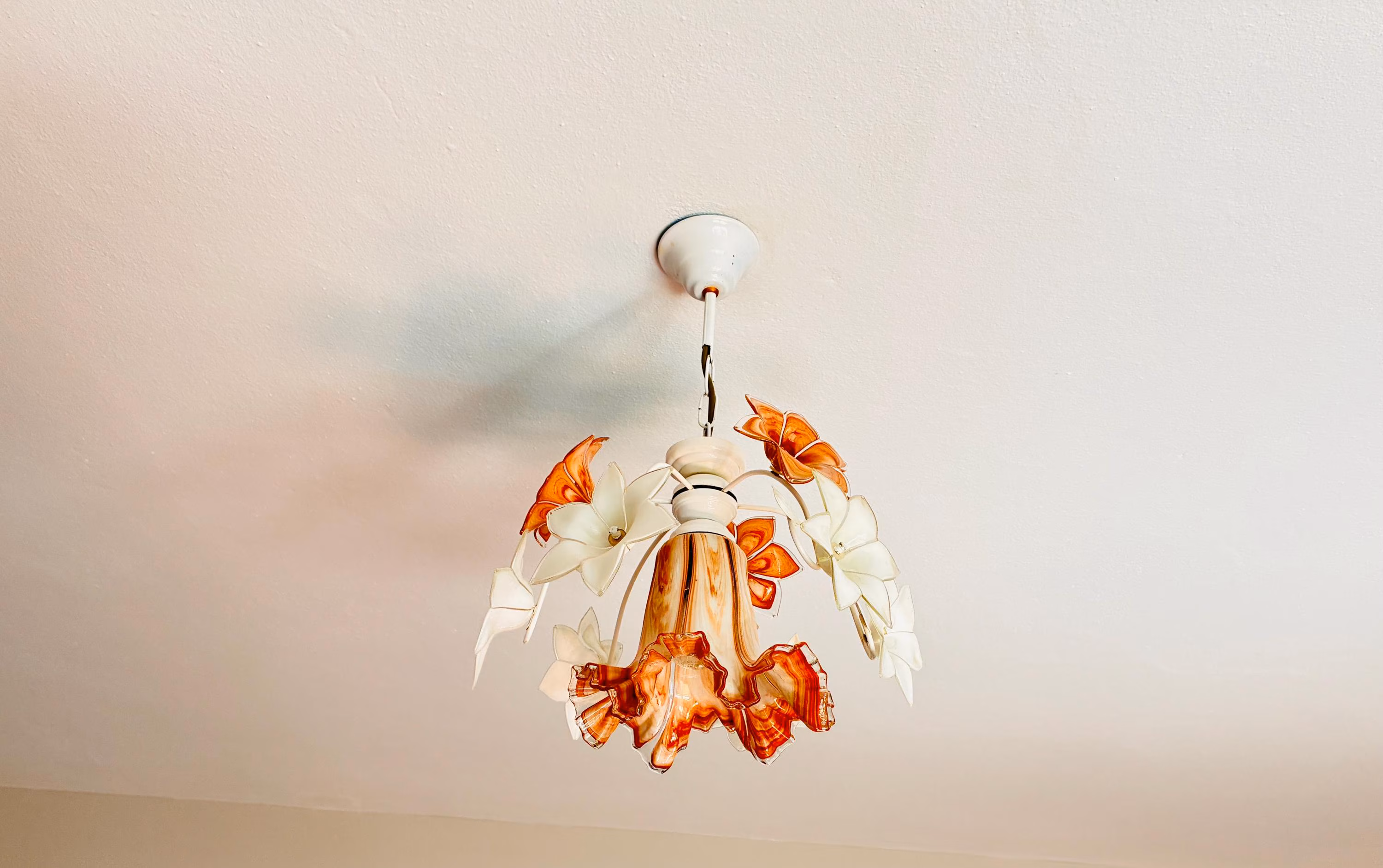 Vintage Amber Brown Ruffled Tulip Chandelier, Vintage Murano Style White Glass Flower Pendant Light, 13