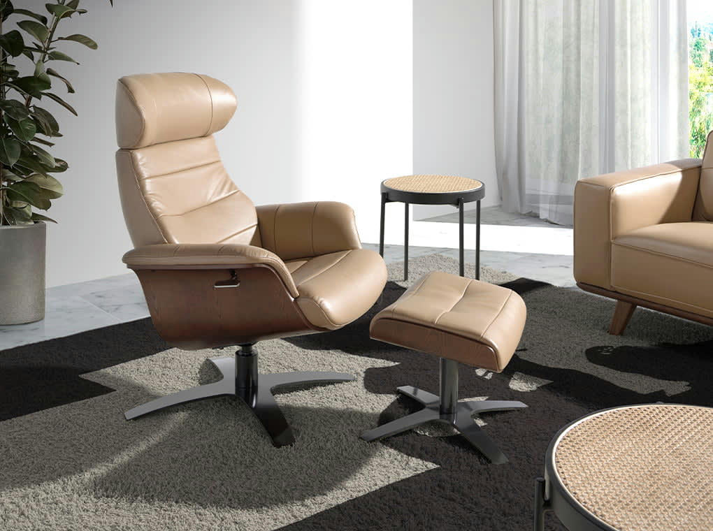 - Pouf pivotant cuir sable et effet bois noyer