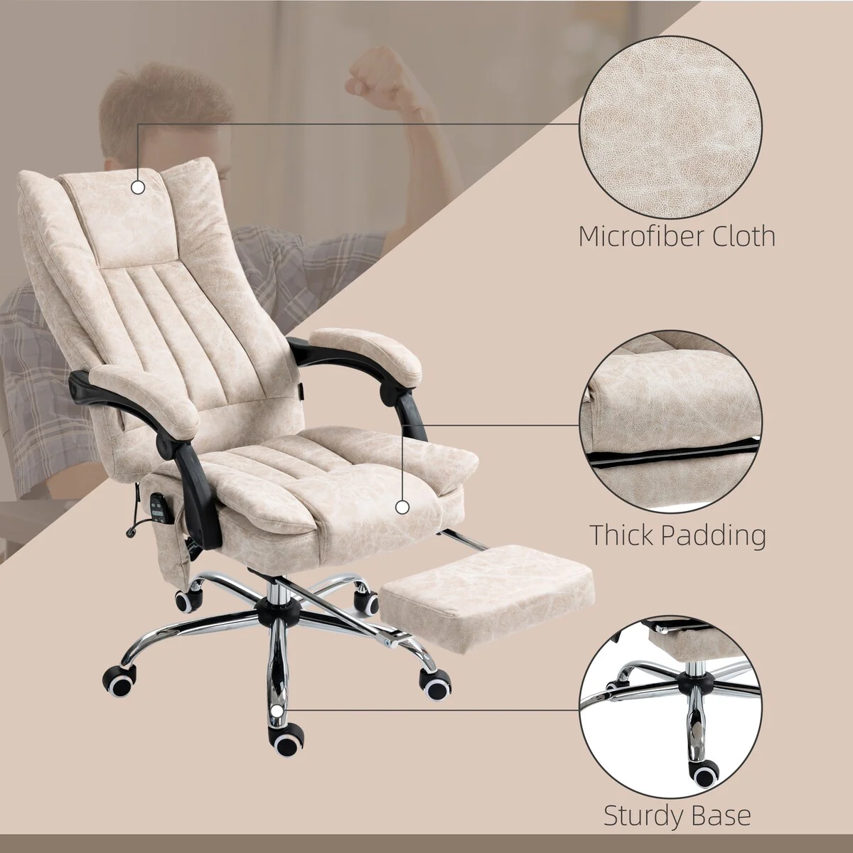 Microfiber Office Chair Computer Chair with 6 Point Massage and Retractable Footrest