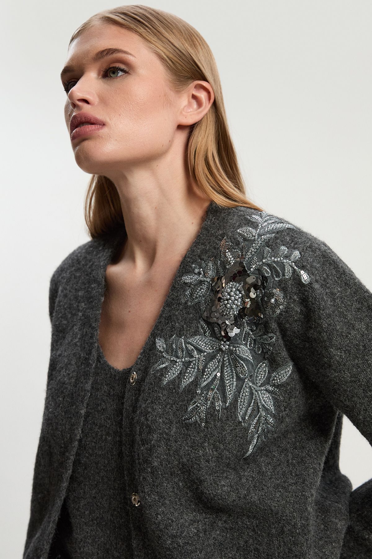 KarenMillen Archive Floral Embellished Cosy Wool Blend Cardigan