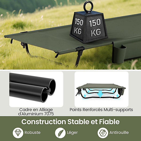 Lit de Camp Plialbe 1 Personne,Ultra Leger en Alliage d'Aluminium, Sac Transport, Poche Latérale,Charge 150 KG,193x70x18CM