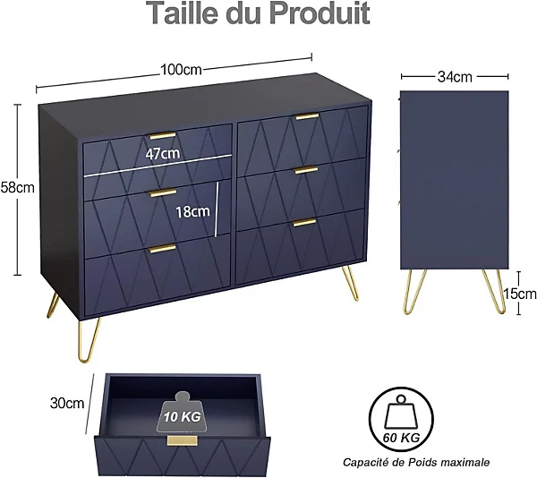Commode Scandinave Elégant 6 Tiroirs, Meuble de Rangement, 100 x 34 x 73cm, Bleu Marine