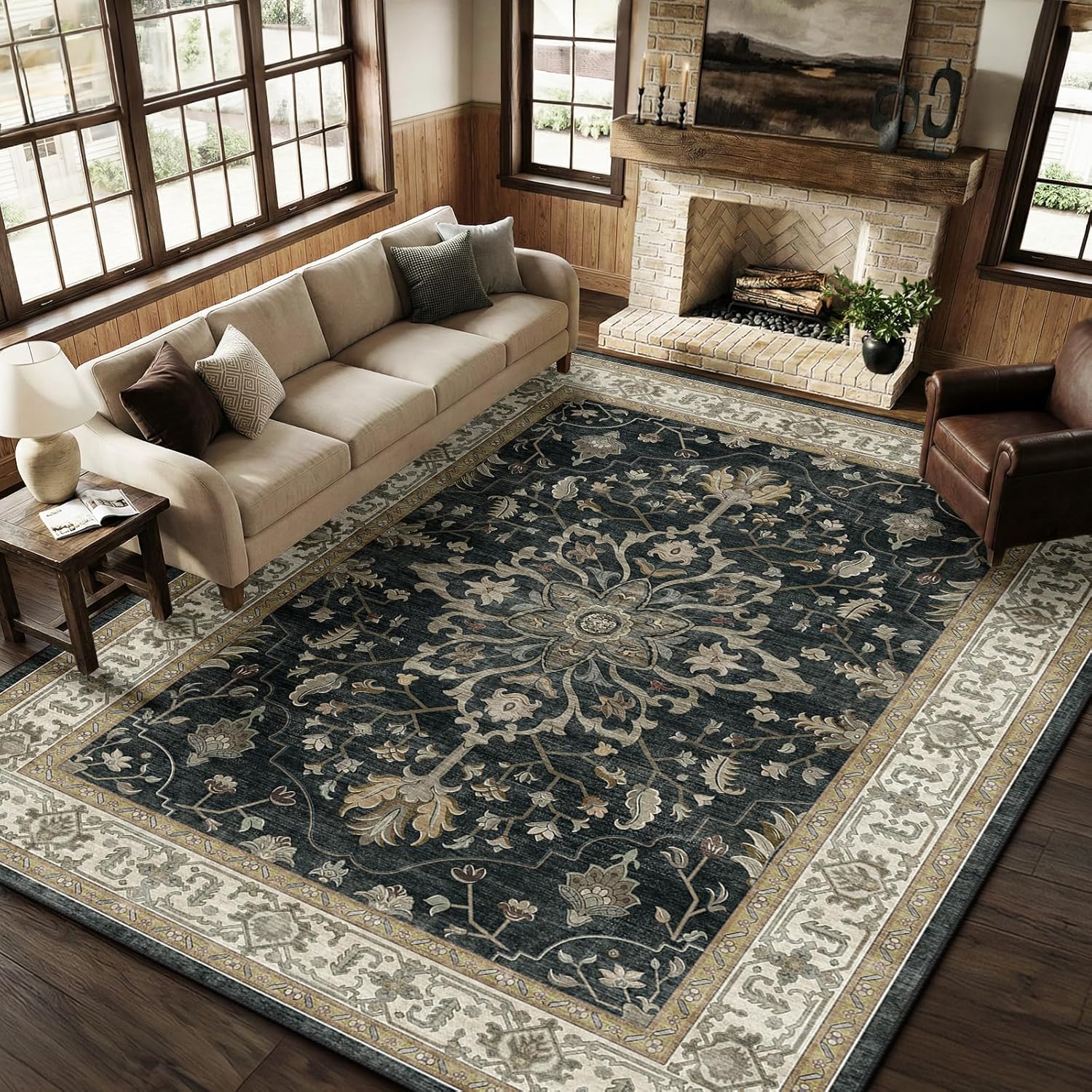 RELEANY Area Rugs 9'x12' Washable Non-Slip, Floral Vintage Distress Print Pattern Medallion Carpet for Living Room Bedroom Dining Room, Vintage Black Brown Neutral