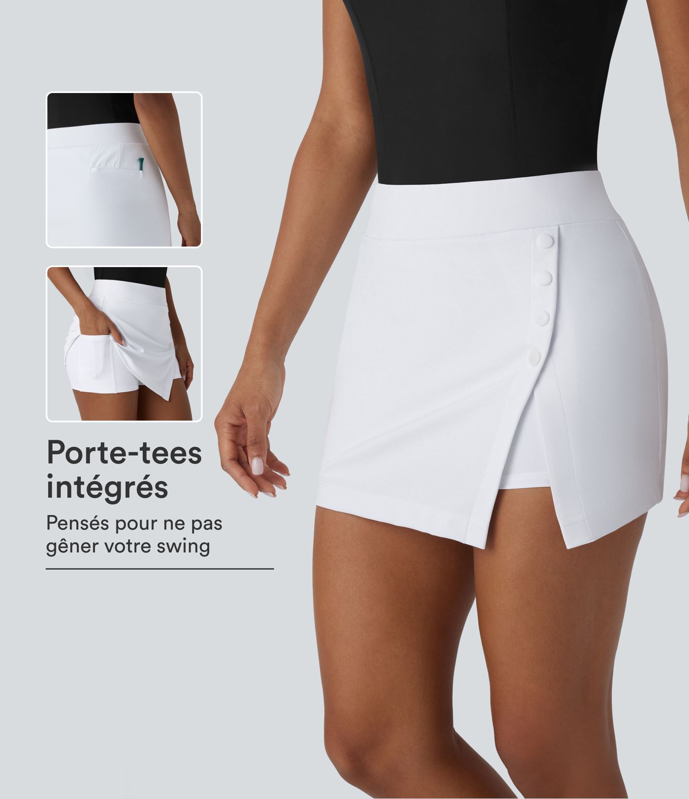 Jupe-short de golf mini taille haute 2-en-1 fendue à boutons décoratifs avec poche latérale séchage rapide - Poche pour tee de golf - UPF40