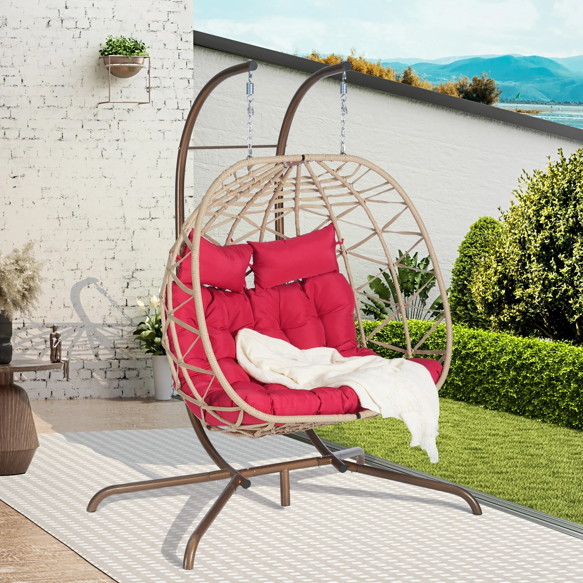 Double Rattan Egg Chair with Stand