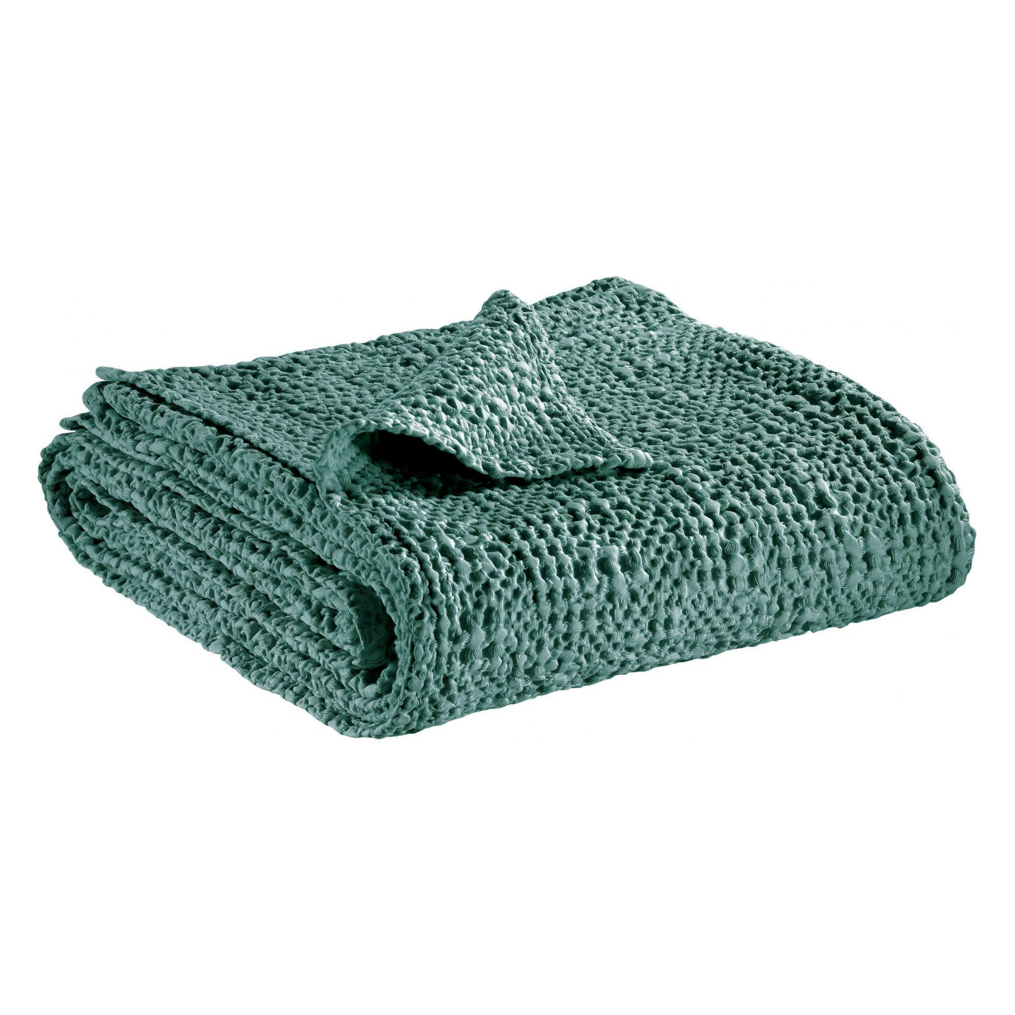 TANA - Jeté stonewashed  en coton vert de gris 260 x 260